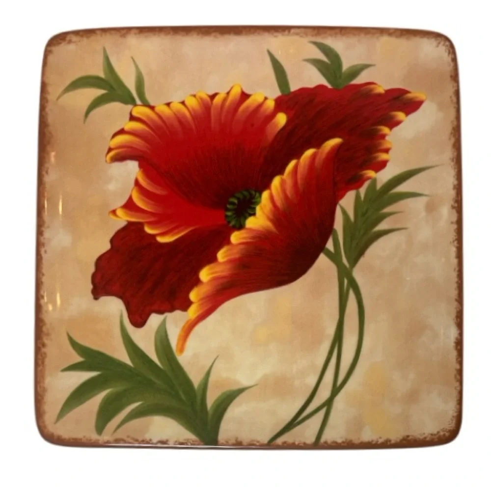 Pier 1 Poppies Plates Set Hand Painted Earthenware 3 Pc Set Red Yellow Cream Tan